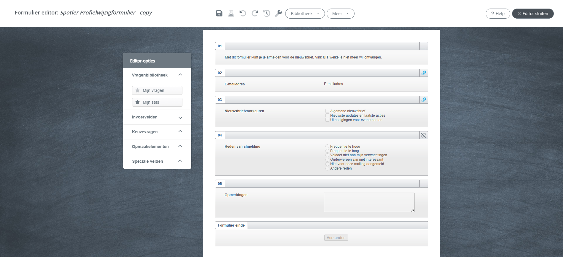 De formulieren editor in Spotler Mail+, waarin alle nieuwsbriefvoorkeuren aangegeven staan per checkbox item, zodat iemand meerdere of alle permissievoorkeuren direct kan aanpassen.