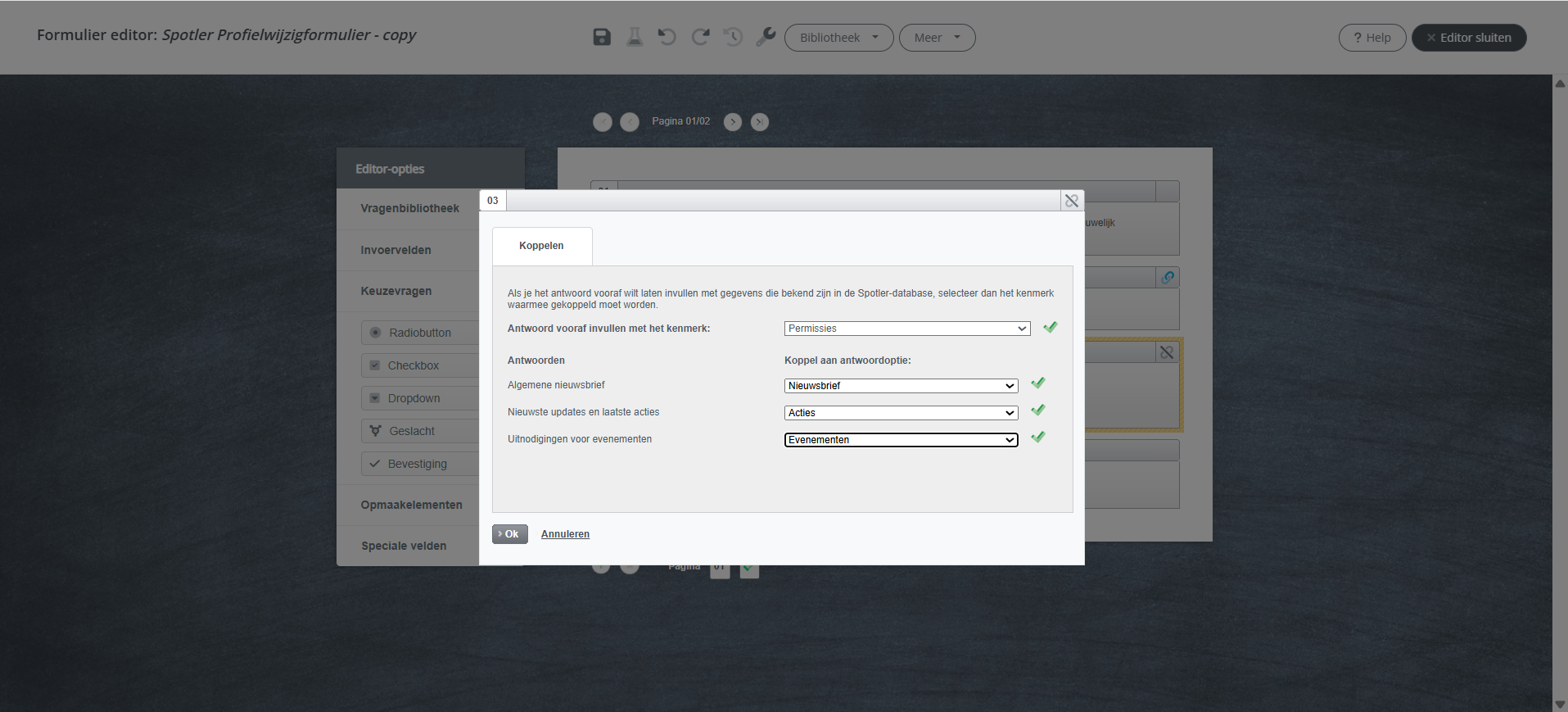 Hier worden de antwoorden per checkboxitem gekoppeld aan de bestaande permissies in de database van dit Spotler Mail+ account.