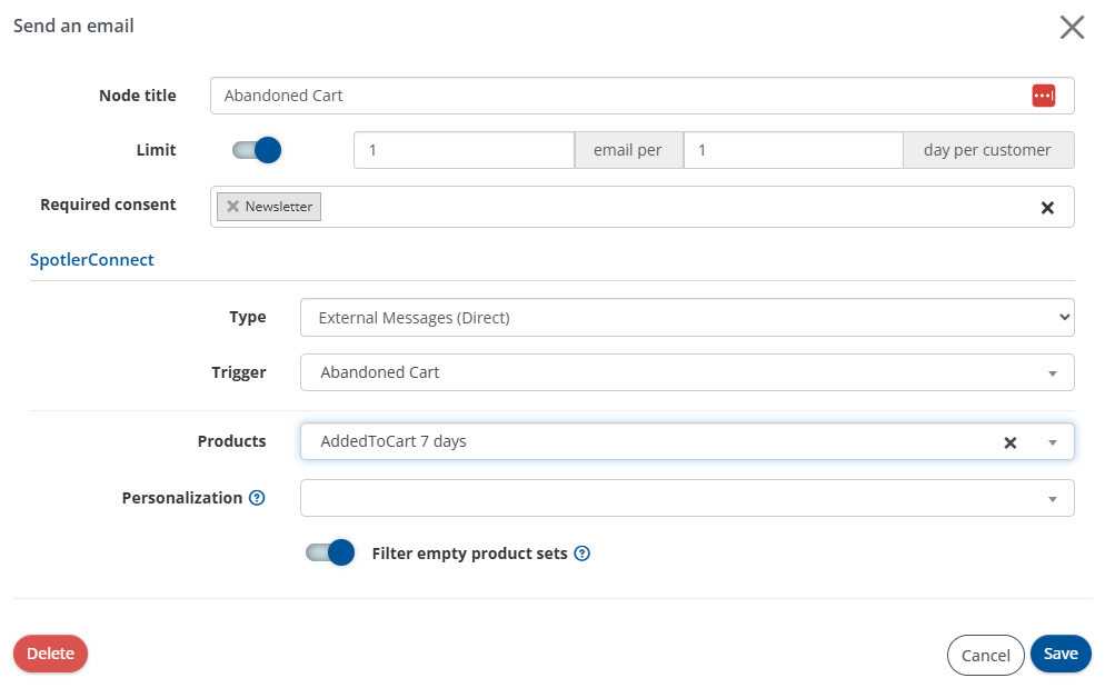 Set up External Messages (Direct) in journey of Spotler Activate