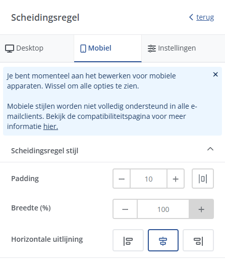 Scheidingsregel in de editor op mobiel