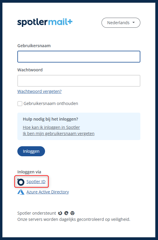 Inlogpagina van Spotler Mail+, waarin de knop om in te loggen via Spotler ID gemarkeerd is ter verduidelijking