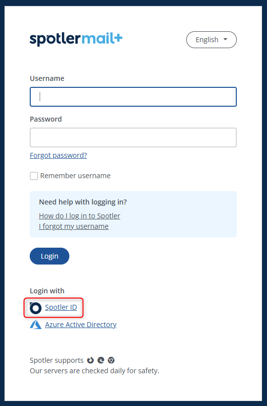Spotler Mail+ login page, where the button to log in via Spotler ID is highlighted for clarification