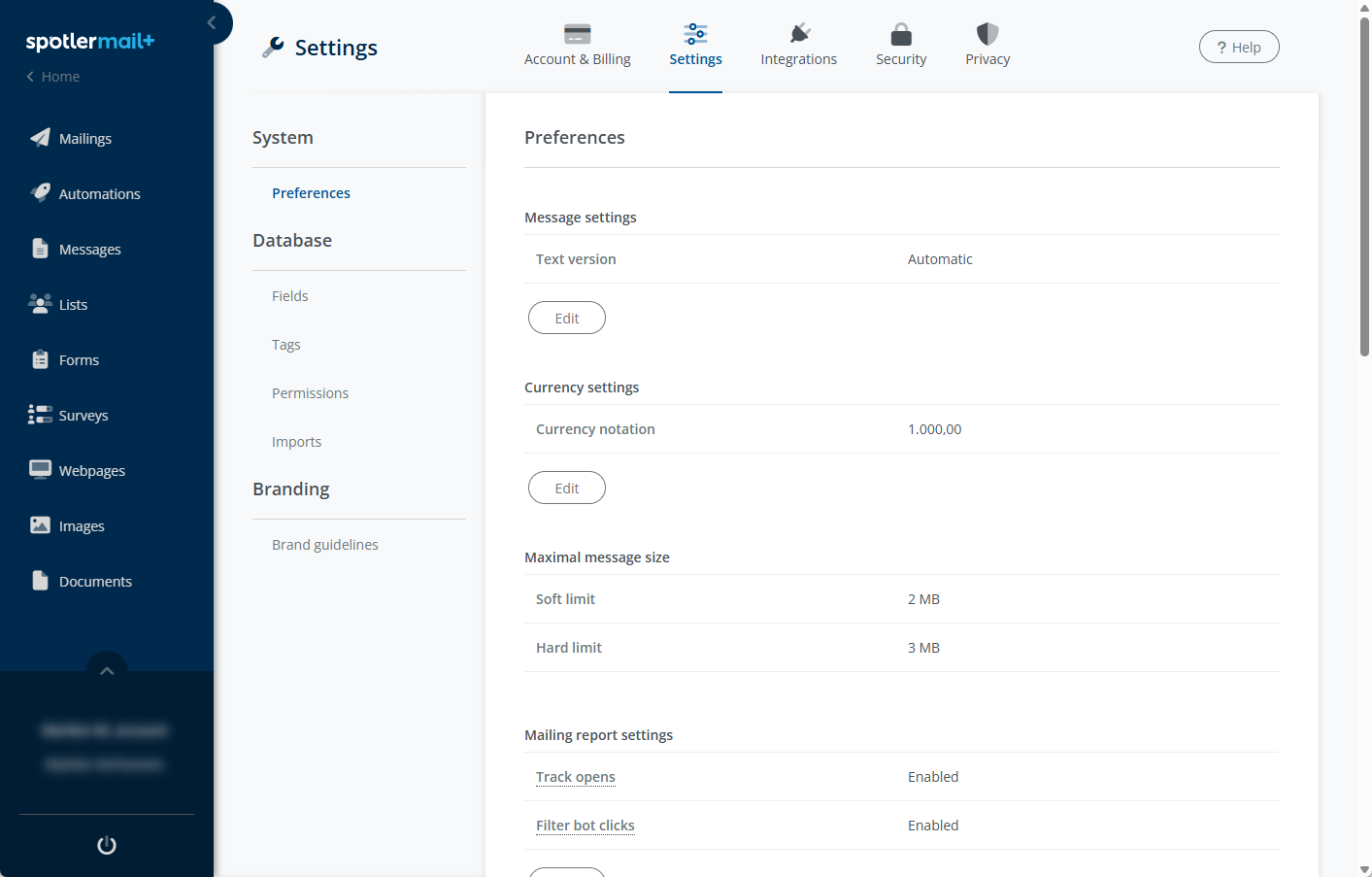 Preferences in the settings of Spotler Mail+