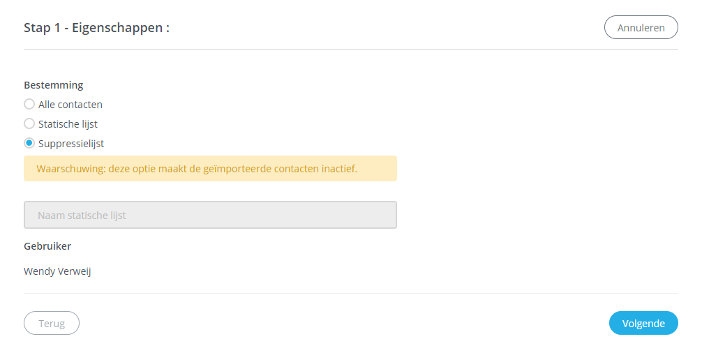 Suppressielijst geselecteerd als importbestemming