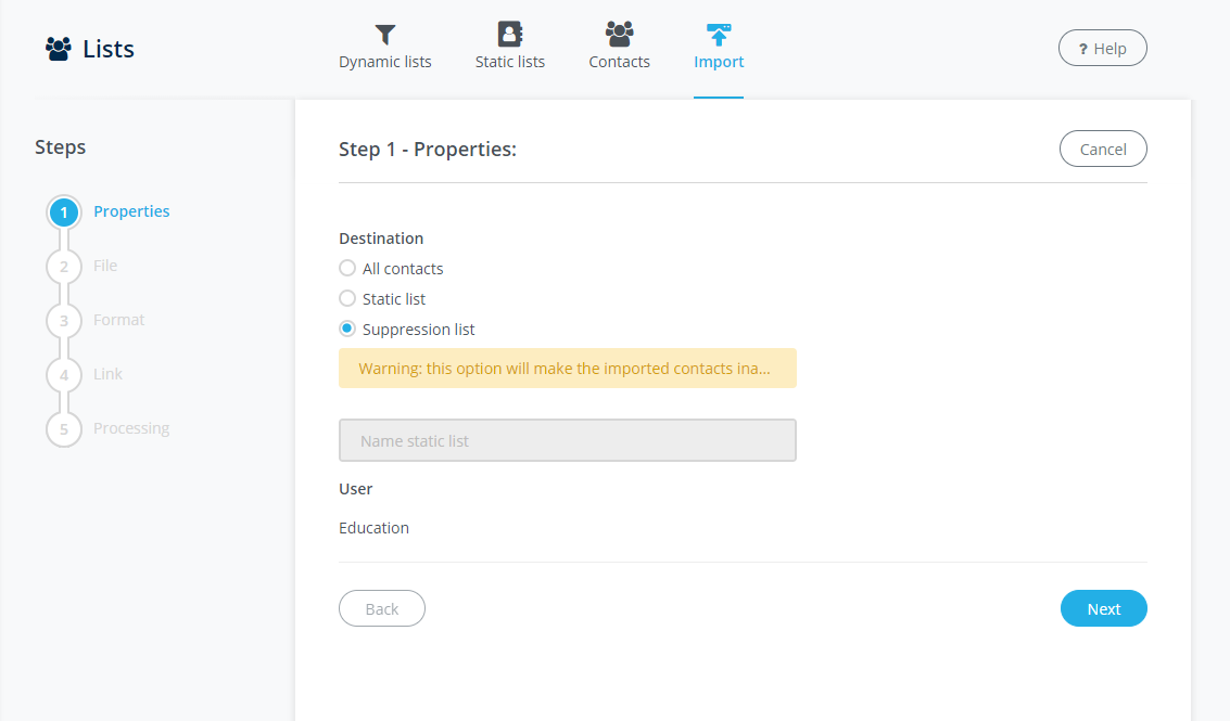 Suppression list option selected in the import destination field